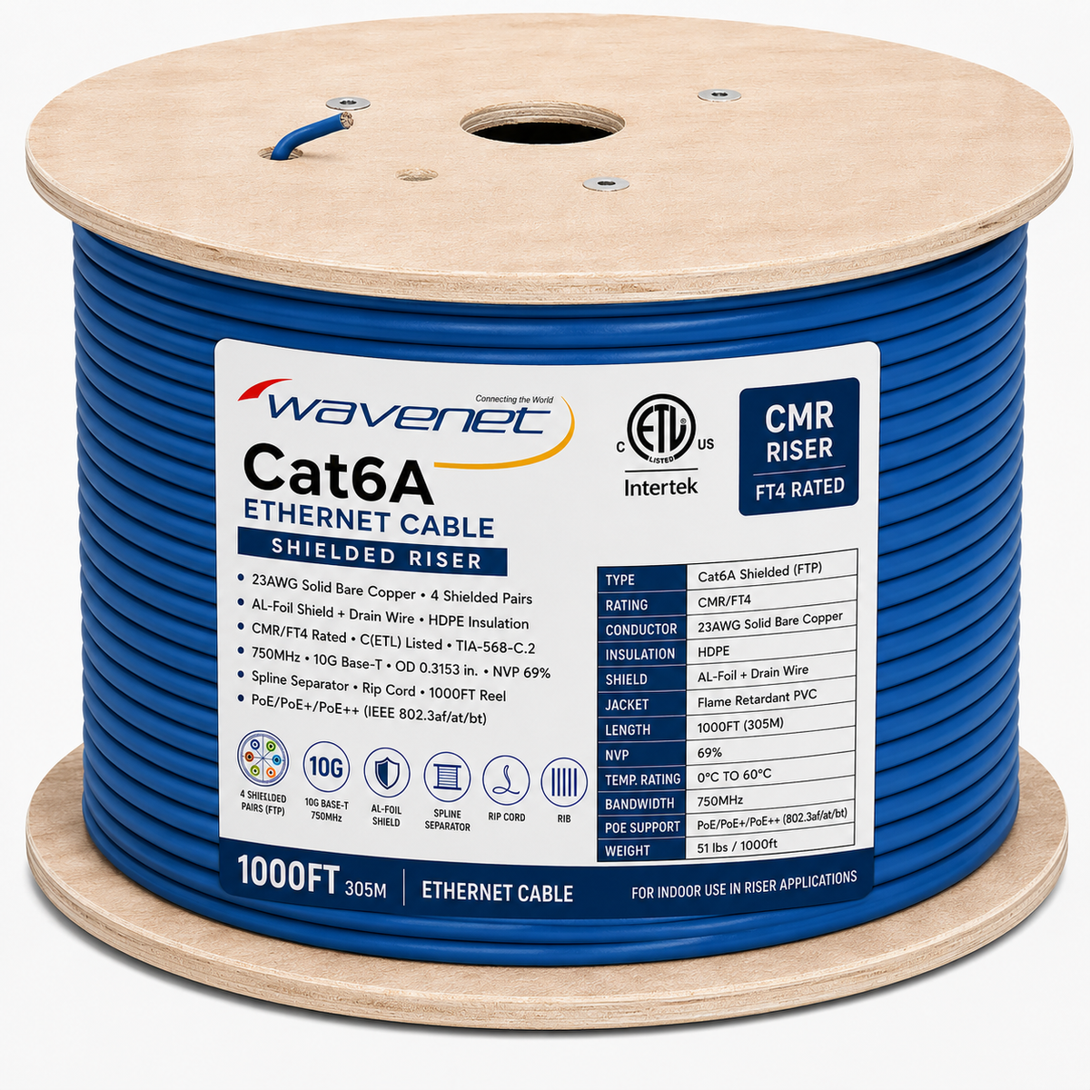 Cat6A Shielded Riser Ethernet Cable 1000ft 23AWG Solid Bare Copper 750MHz PoE++ ETL Listed
