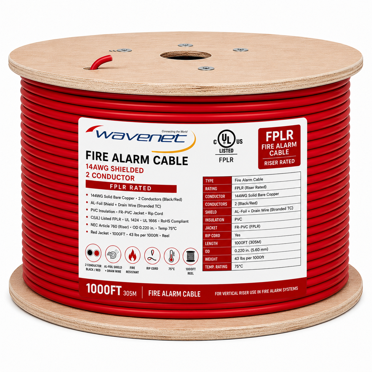 Shielded Fire Alarm Cable 14AWG 2 Solid Conductors Bare Copper FPLR Riser 1000ft Red
