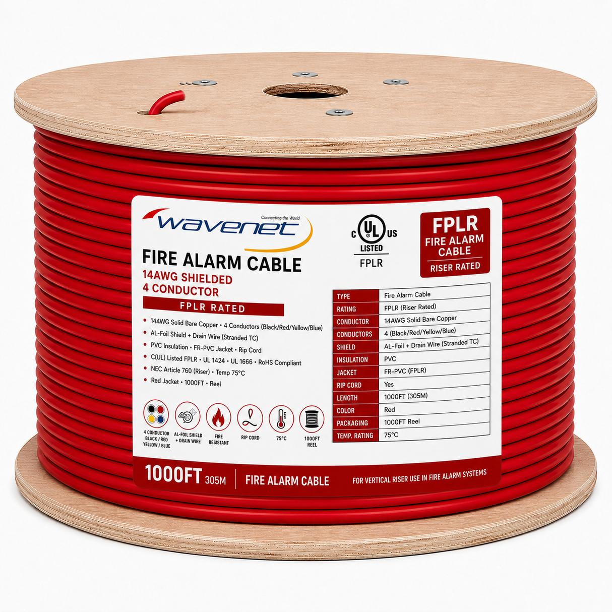 Shielded Fire Alarm Cable 14AWG 4 Solid Conductors Bare Copper FPLR Riser 1000ft Red