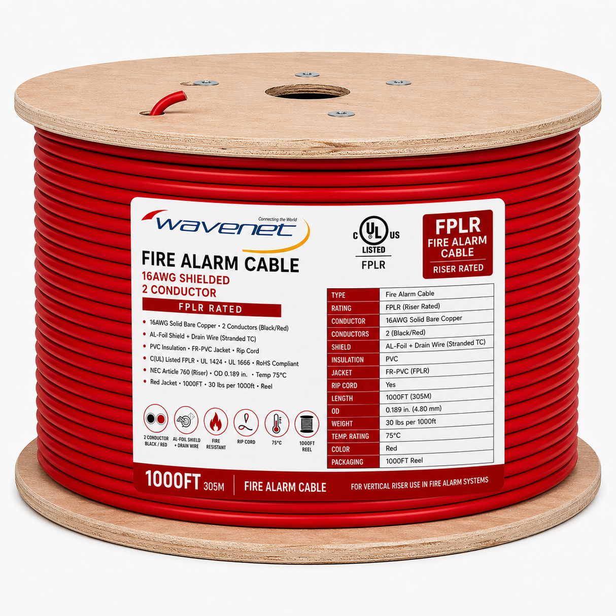Shielded Fire Alarm Cable 16AWG 2 Solid Conductors Bare Copper FPLR Riser 1000ft Red