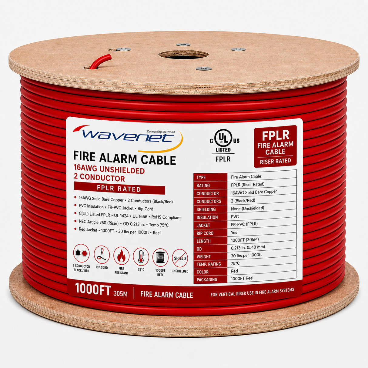 Fire Alarm Cable 16AWG 4 Solid Conductors Bare Copper FPLR Riser 1000ft Red