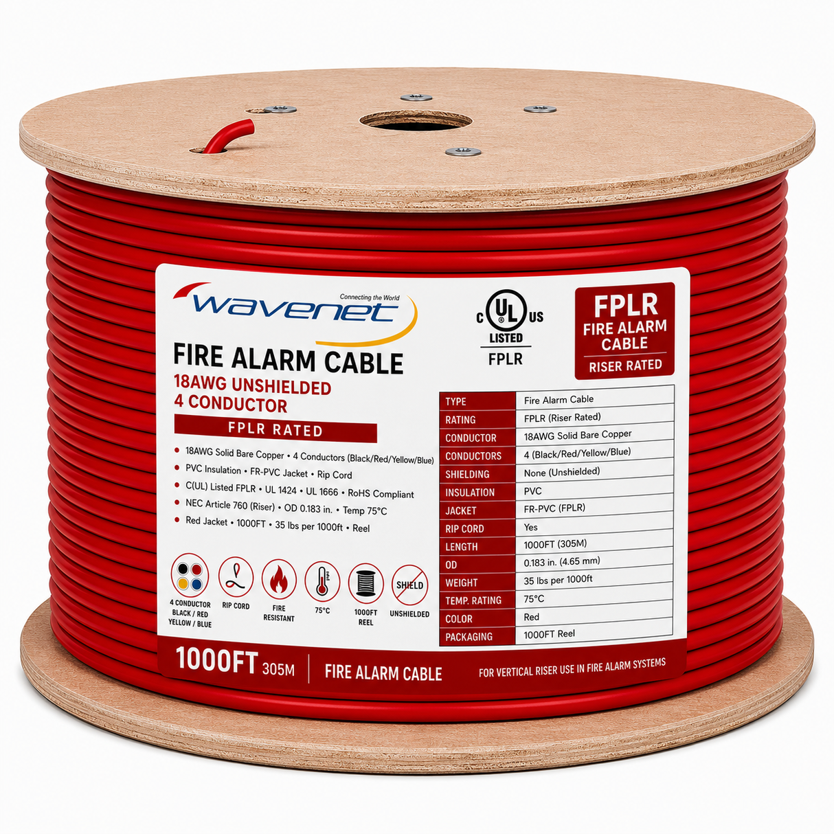 Fire Alarm Cable 18AWG 4 Solid Conductors Bare Copper FPLR Riser 1000ft Red