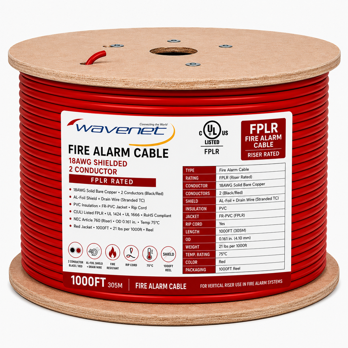 Shielded Fire Alarm Cable 18AWG 2 Solid Conductors Bare Copper FPLR Riser 1000ft Red