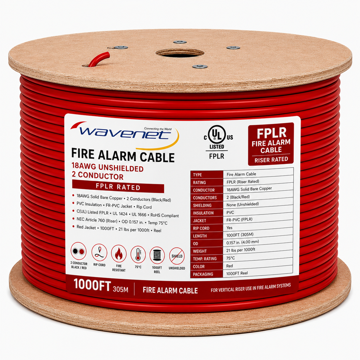 Fire Alarm Cable 18AWG 2 Solid Conductors Bare Copper FPLR Riser 1000ft Red