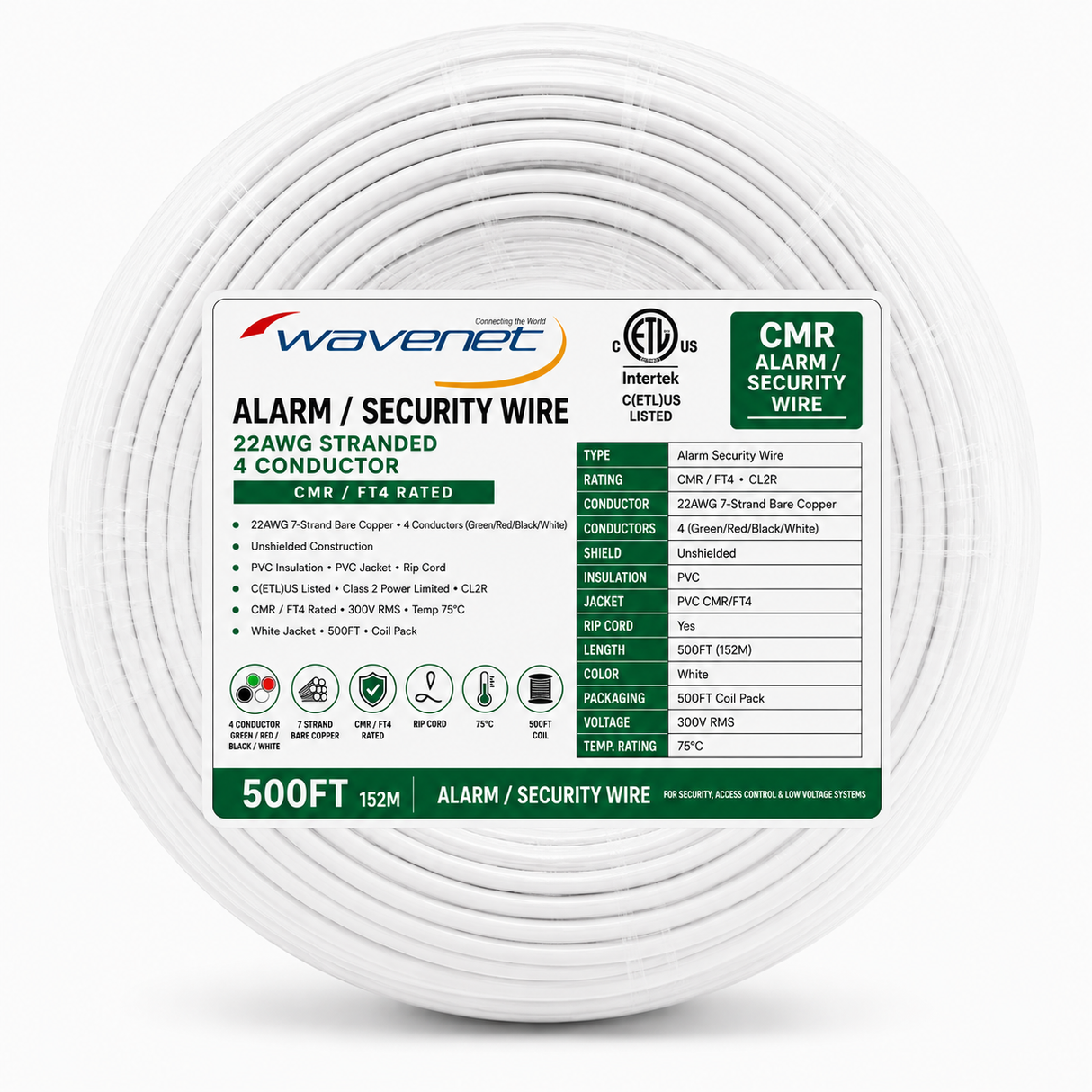 Alarm Security Wire 22AWG 4 Stranded Bare Copper Conductors CMR CL2R ETL 500ft White