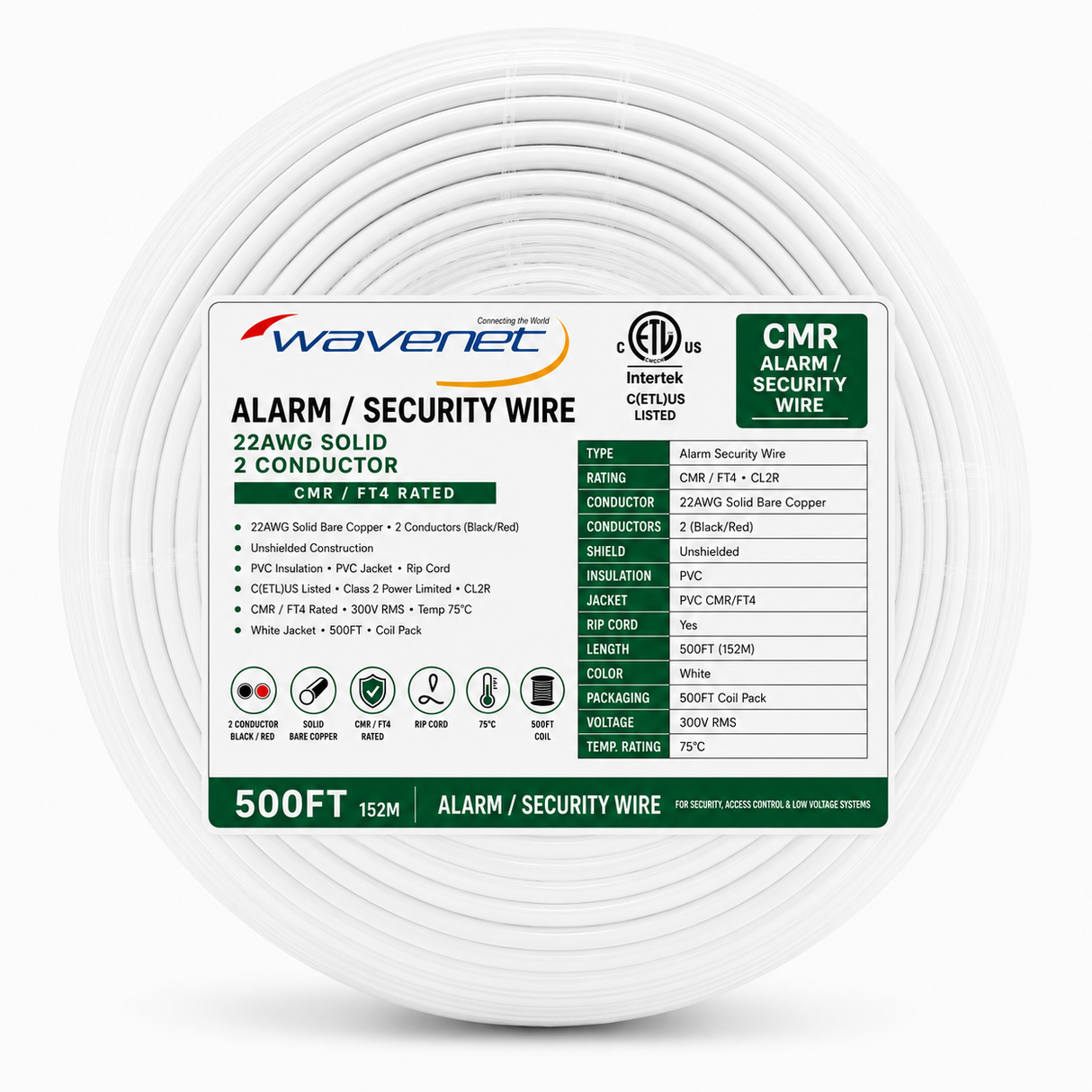 Alarm Security Wire 22AWG 2 Solid Bare Copper Conductors CMR CL2R ETL Listed 500ft White