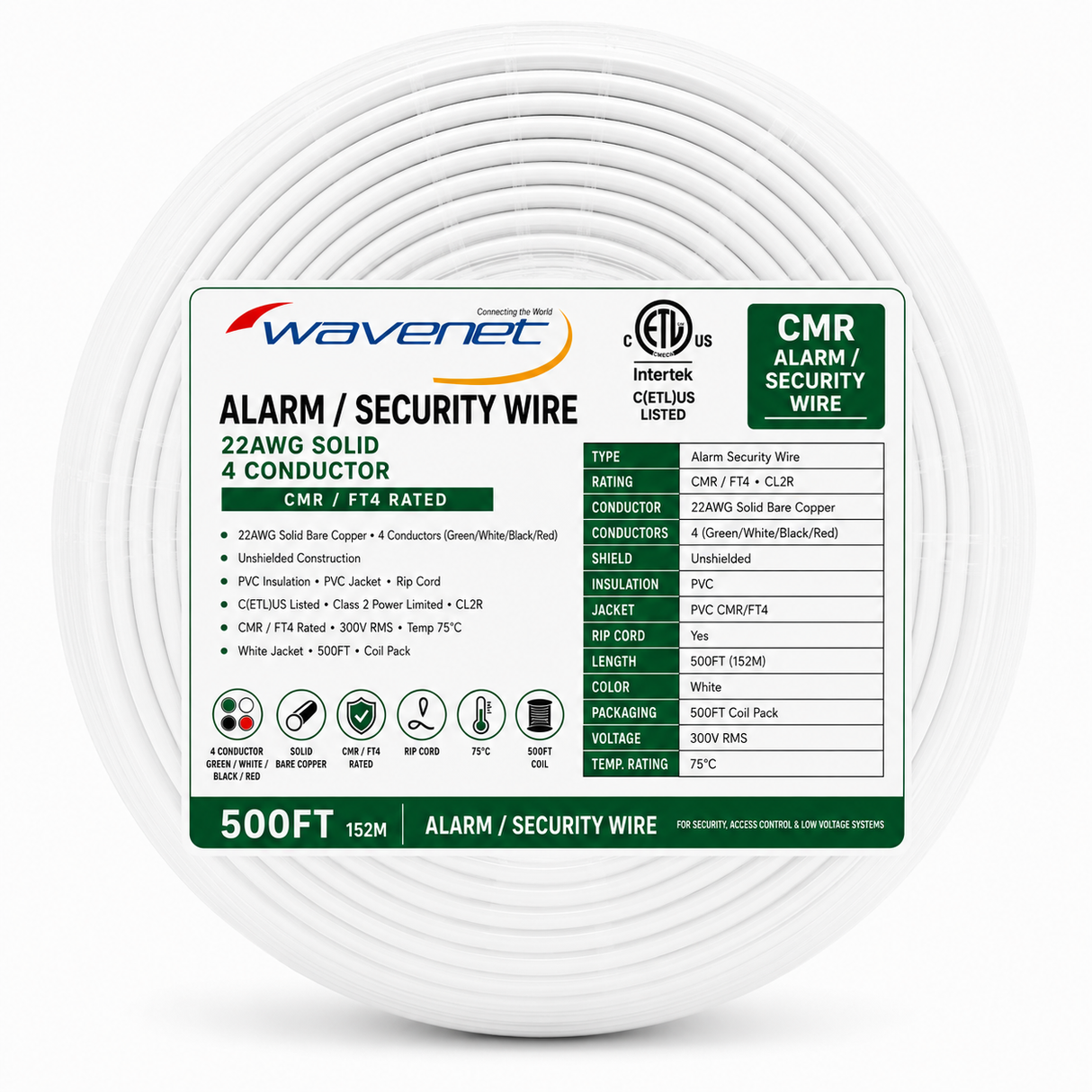 Alarm Security Wire 22AWG 4 Solid Bare Copper Conductors CMR CL2R ETL Listed 500ft White