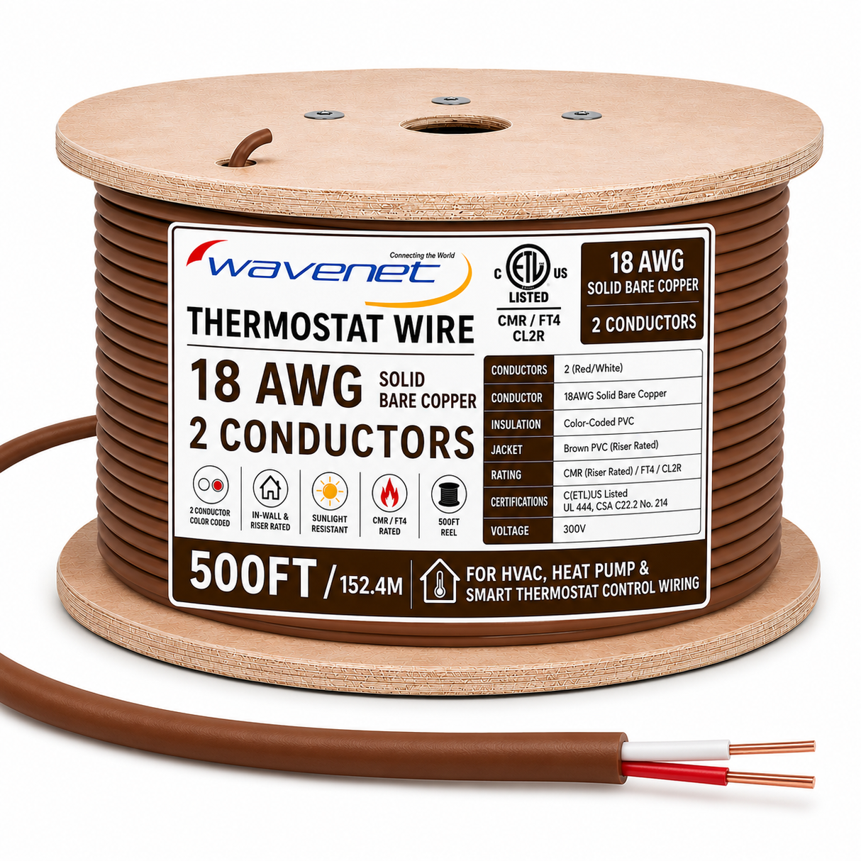 Thermostat Wire 18AWG Solid Bare Copper CMR CL2R Brown 2 3 4 5 8 Conductors