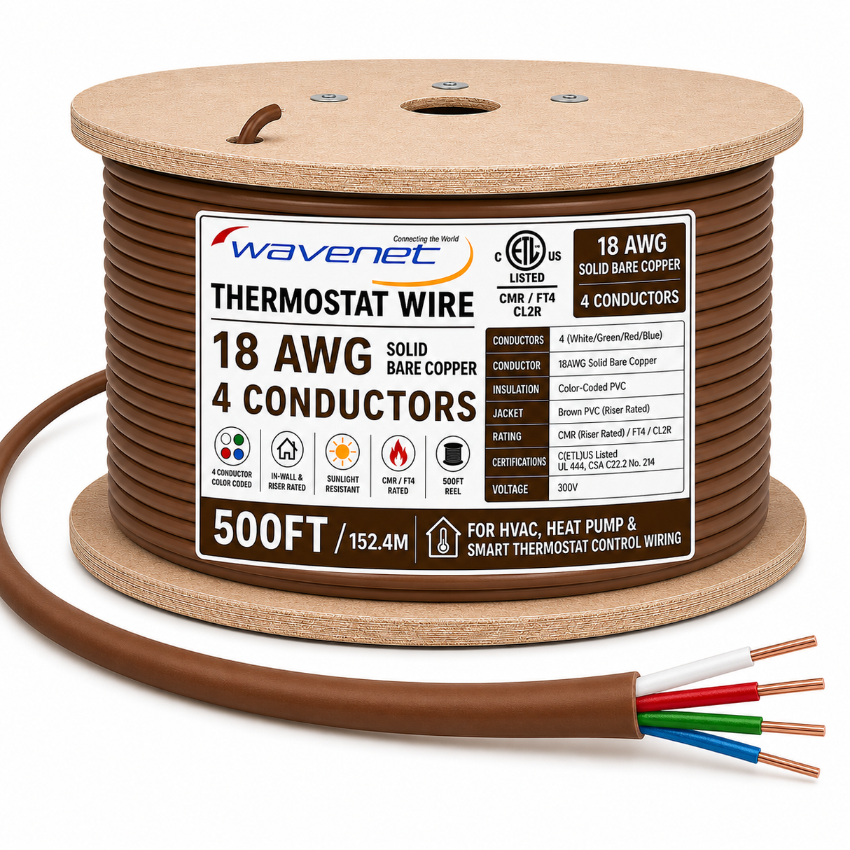 Thermostat Wire 18AWG Solid Bare Copper CMR CL2R Brown 2 3 4 5 8 Conductors