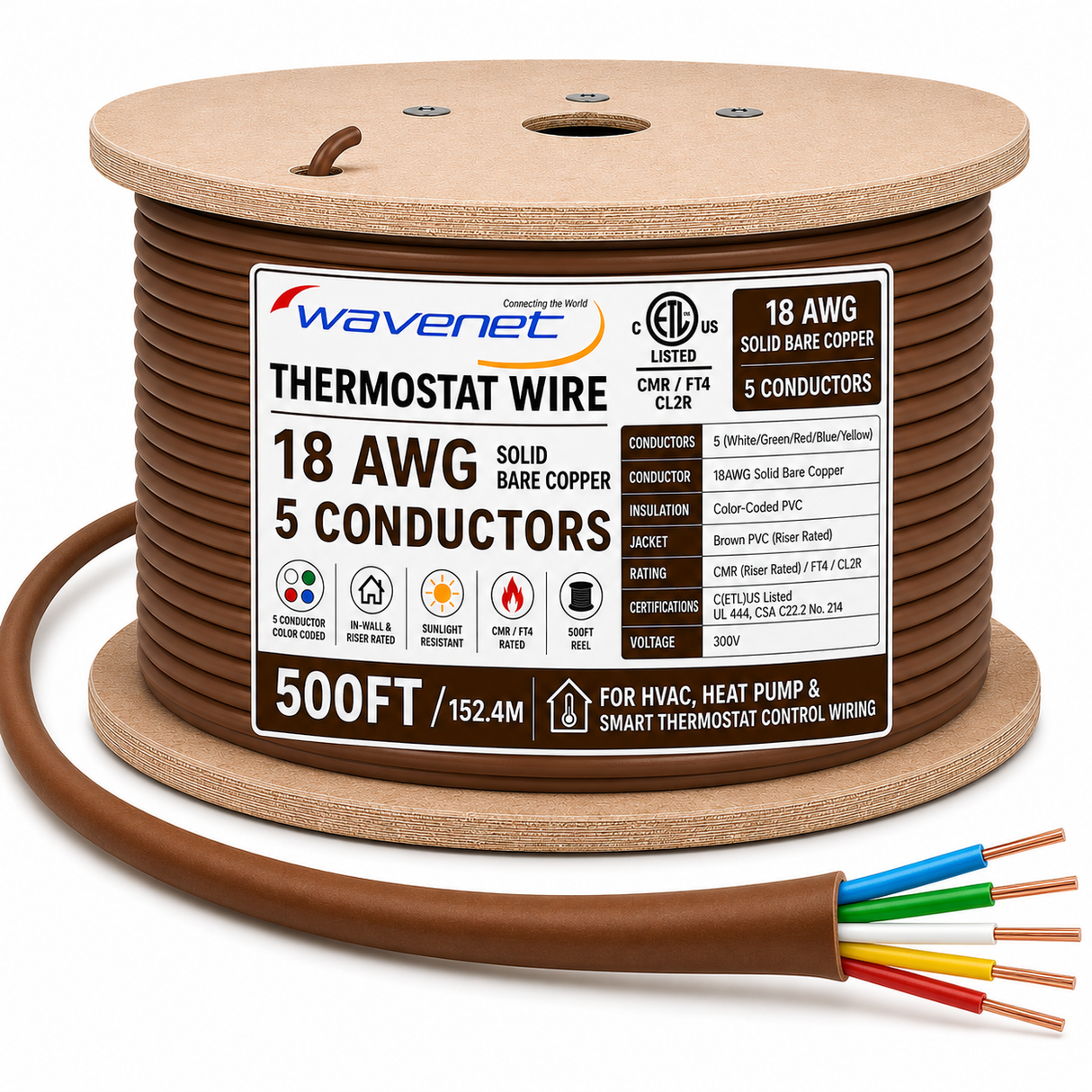 Thermostat Wire 18AWG Solid Bare Copper CMR CL2R Brown 2 3 4 5 8 Conductors