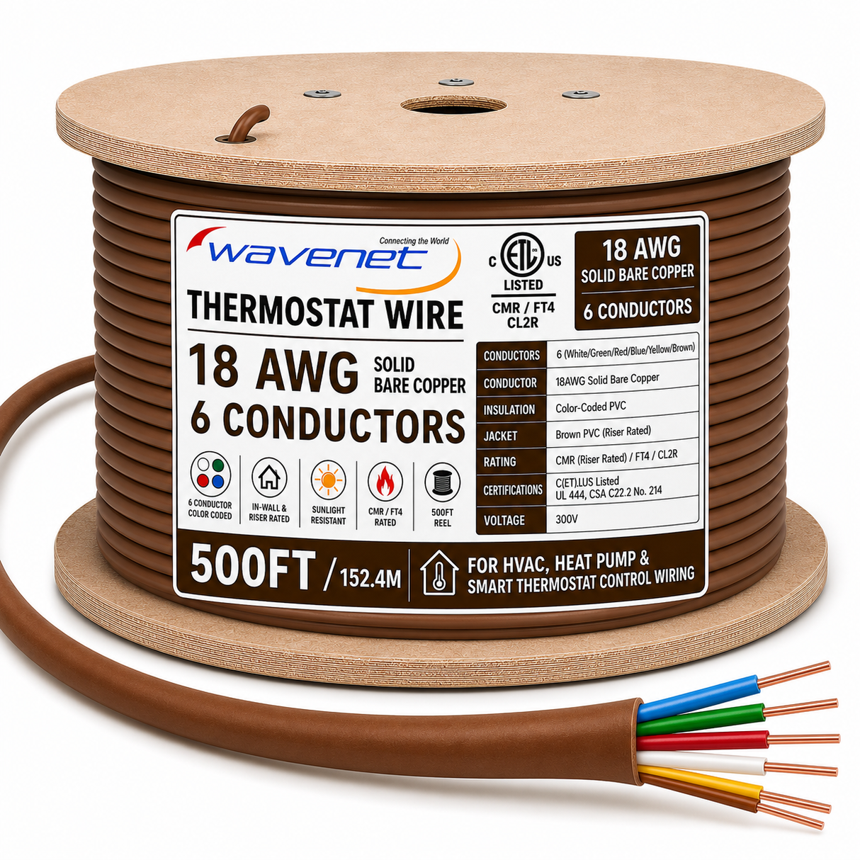 Thermostat Wire 18AWG Solid Bare Copper CMR CL2R Brown 2 3 4 5 8 Conductors