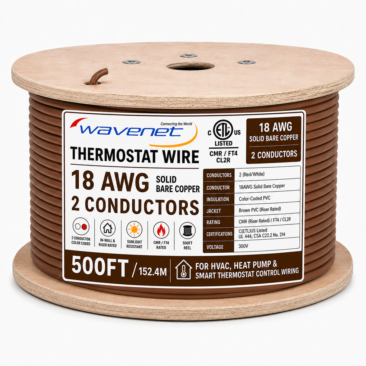 Thermostat Wire 18AWG Solid Bare Copper CMR CL2R Brown 2 3 4 5 8 Conductors