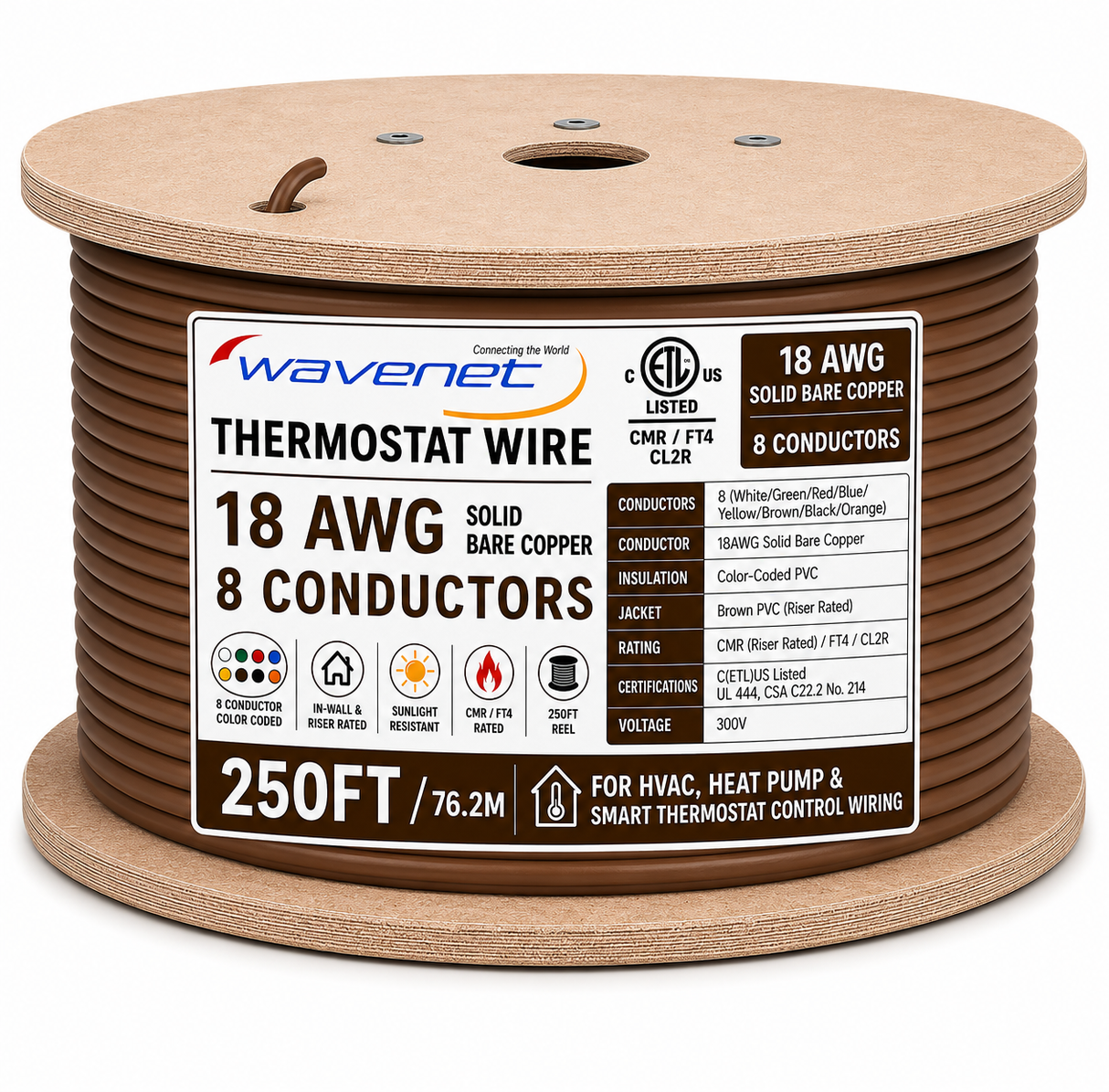 Thermostat Wire 18AWG Solid Bare Copper CMR CL2R Brown 2 3 4 5 8 Conductors