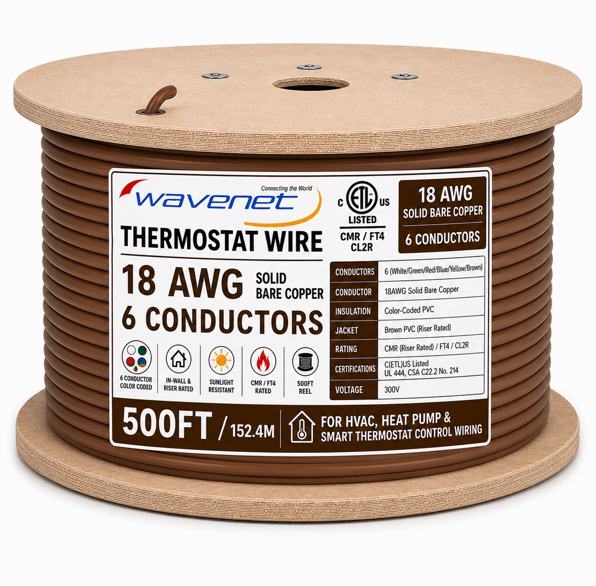 Thermostat Wire 18AWG Solid Bare Copper CMR CL2R Brown 2 3 4 5 8 Conductors