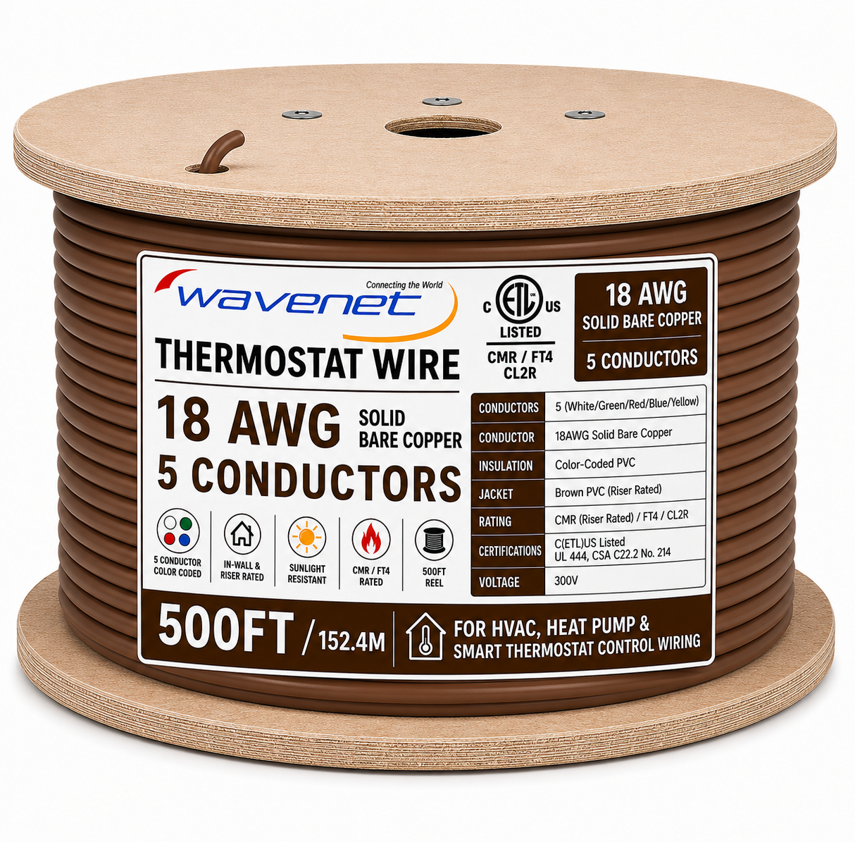 Thermostat Wire 18AWG Solid Bare Copper CMR CL2R Brown 2 3 4 5 8 Conductors