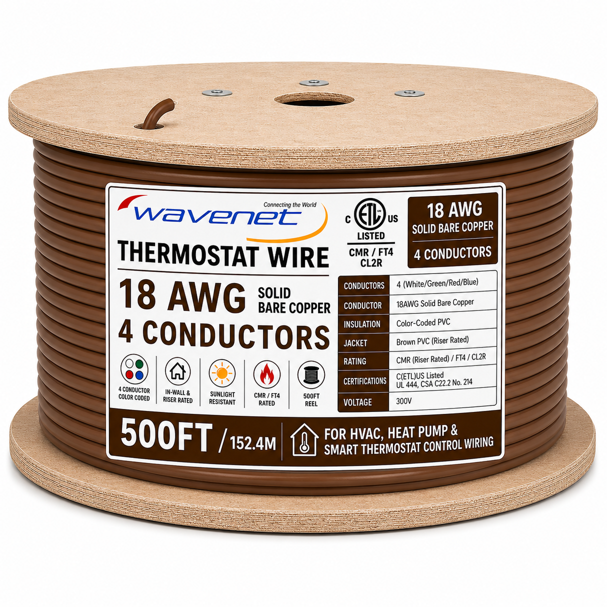 Thermostat Wire 18AWG Solid Bare Copper CMR CL2R Brown 2 3 4 5 8 Conductors