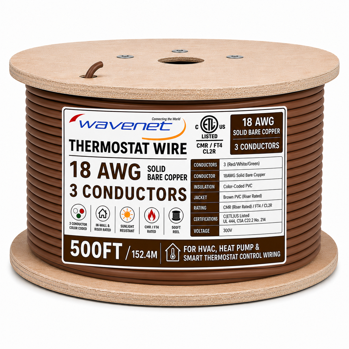 Thermostat Wire 18AWG Solid Bare Copper CMR CL2R Brown 2 3 4 5 8 Conductors