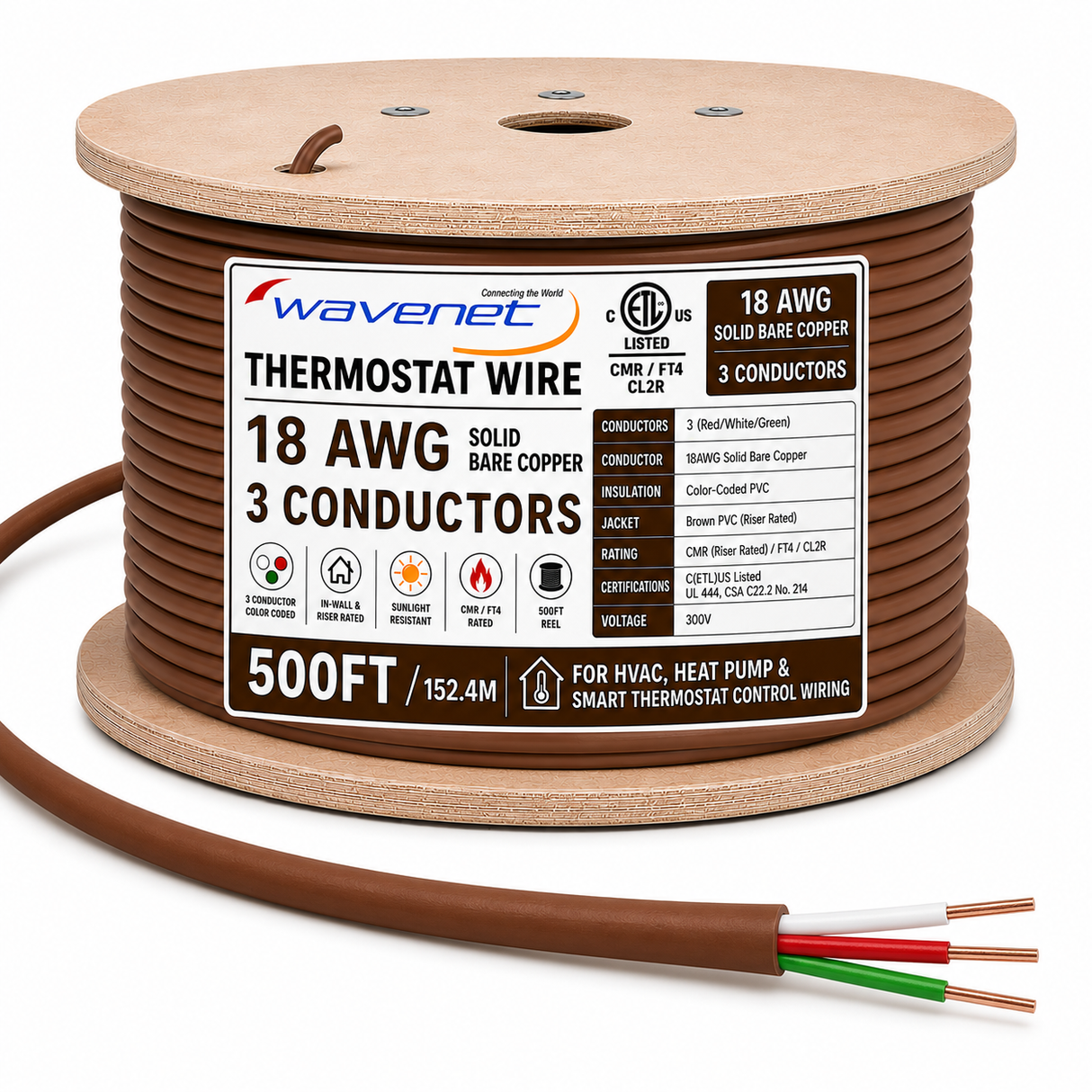 Thermostat Wire 18AWG Solid Bare Copper CMR CL2R Brown 2 3 4 5 8 Conductors