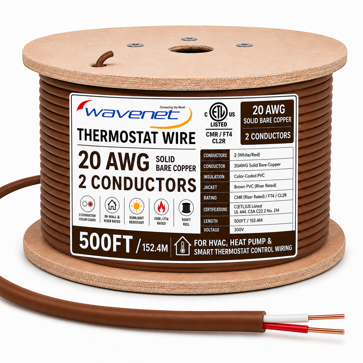 Thermostat Wire 20AWG Solid Bare Copper CMR CL2R Brown 2 5 6 8 Conductors