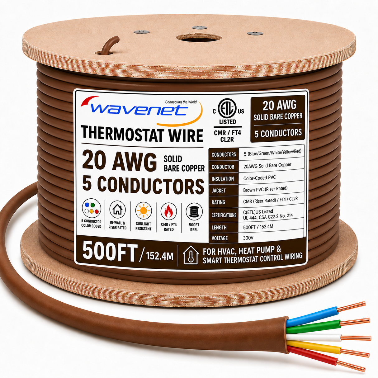 Thermostat Wire 20AWG Solid Bare Copper CMR CL2R Brown 2 5 6 8 Conductors
