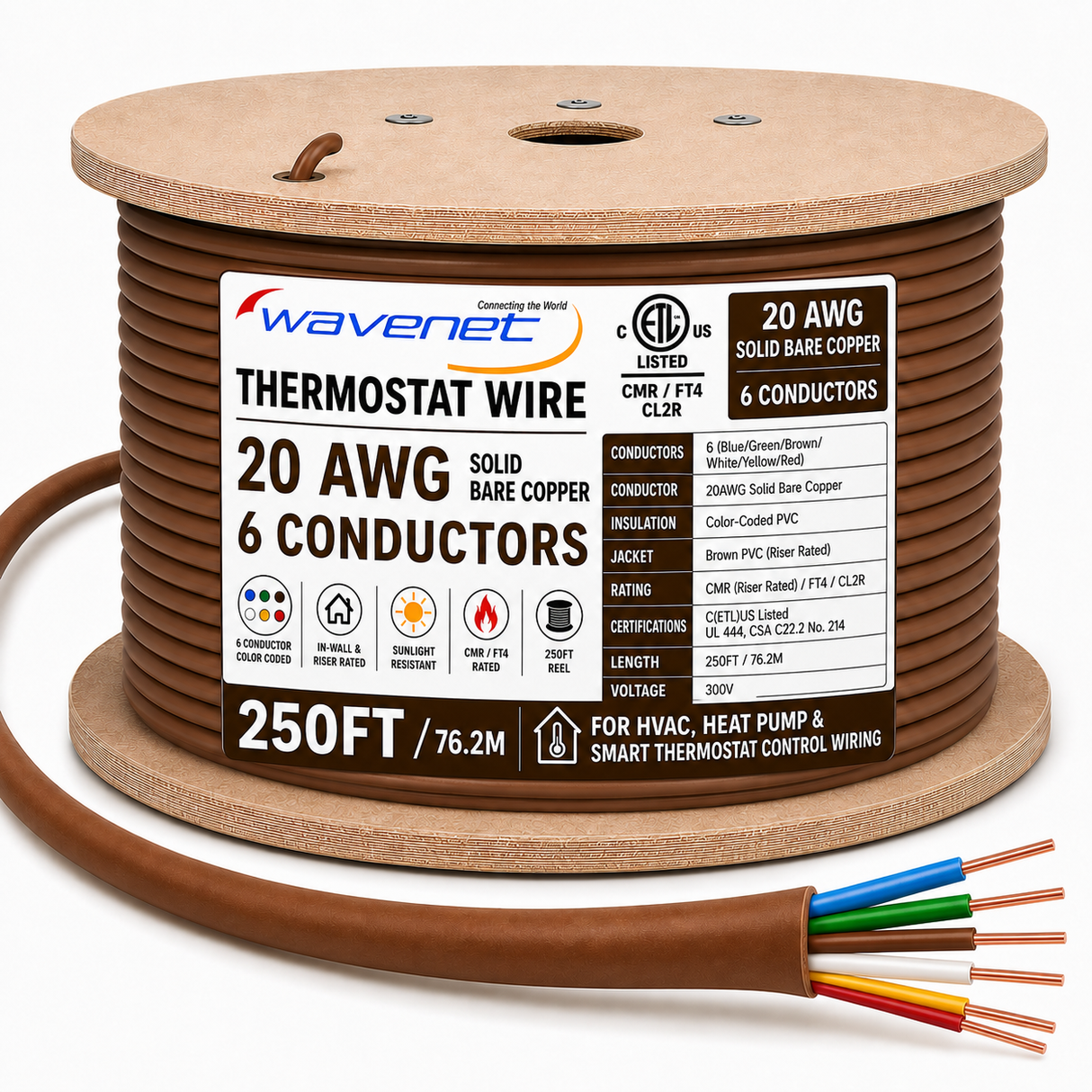 Thermostat Wire 20AWG Solid Bare Copper CMR CL2R Brown 2 5 6 8 Conductors