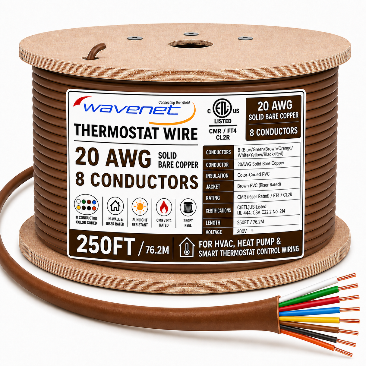 Thermostat Wire 20AWG Solid Bare Copper CMR CL2R Brown 2 5 6 8 Conductors
