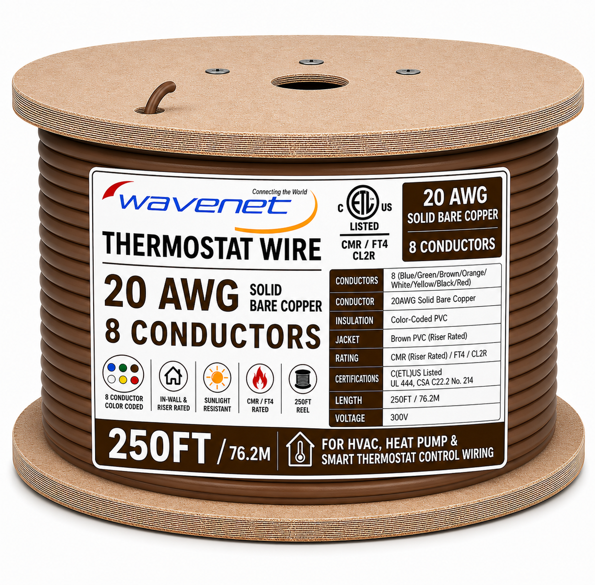 Thermostat Wire 20AWG Solid Bare Copper CMR CL2R Brown 2 5 6 8 Conductors