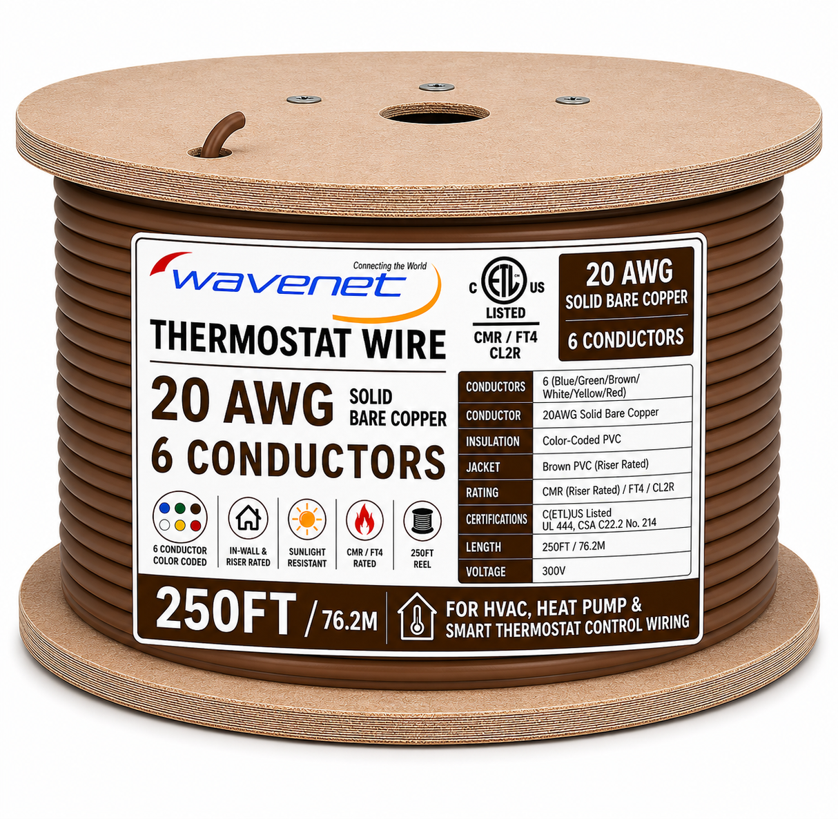 Thermostat Wire 20AWG Solid Bare Copper CMR CL2R Brown 2 5 6 8 Conductors