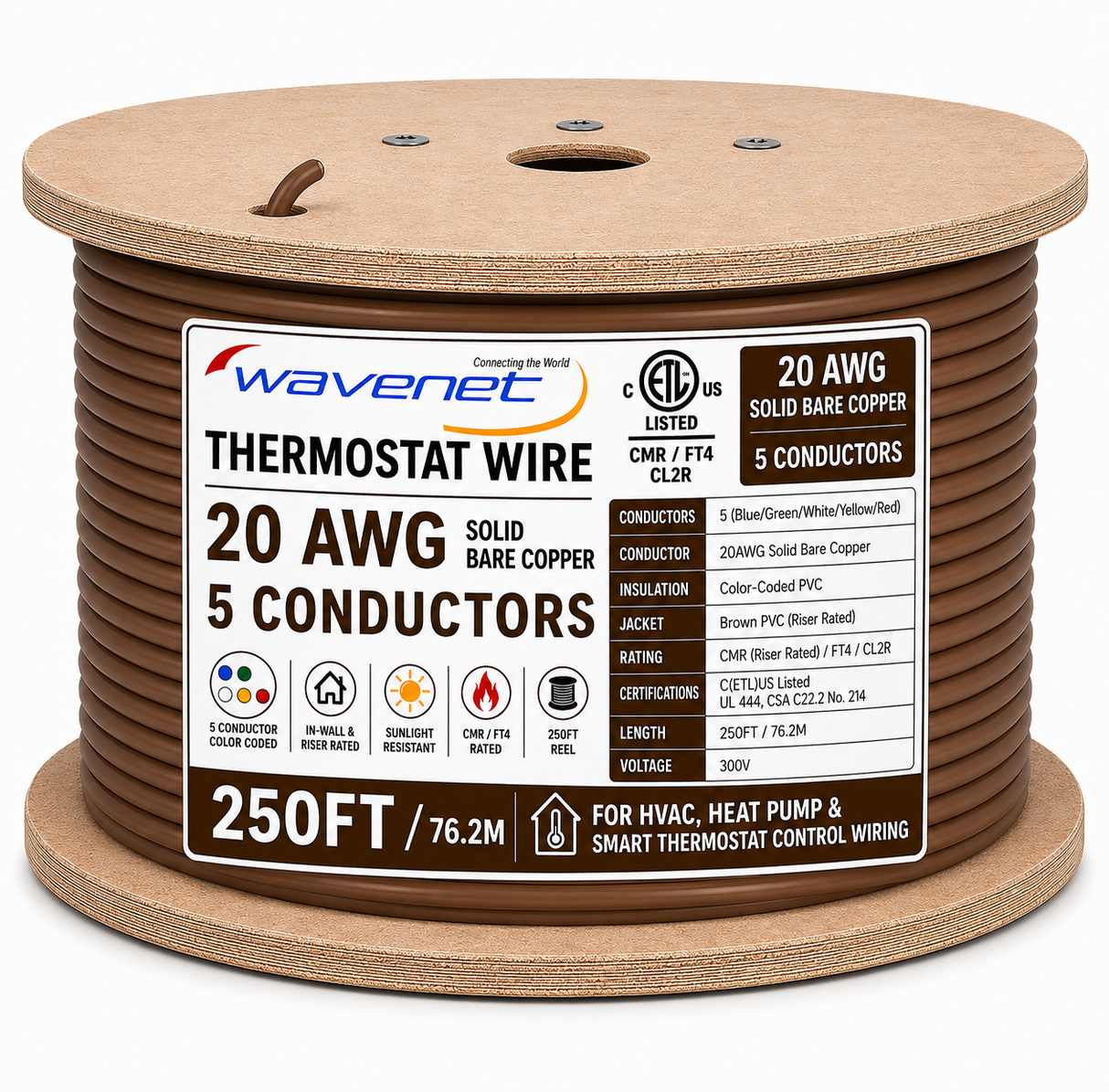 Thermostat Wire 20AWG Solid Bare Copper CMR CL2R Brown 2 5 6 8 Conductors