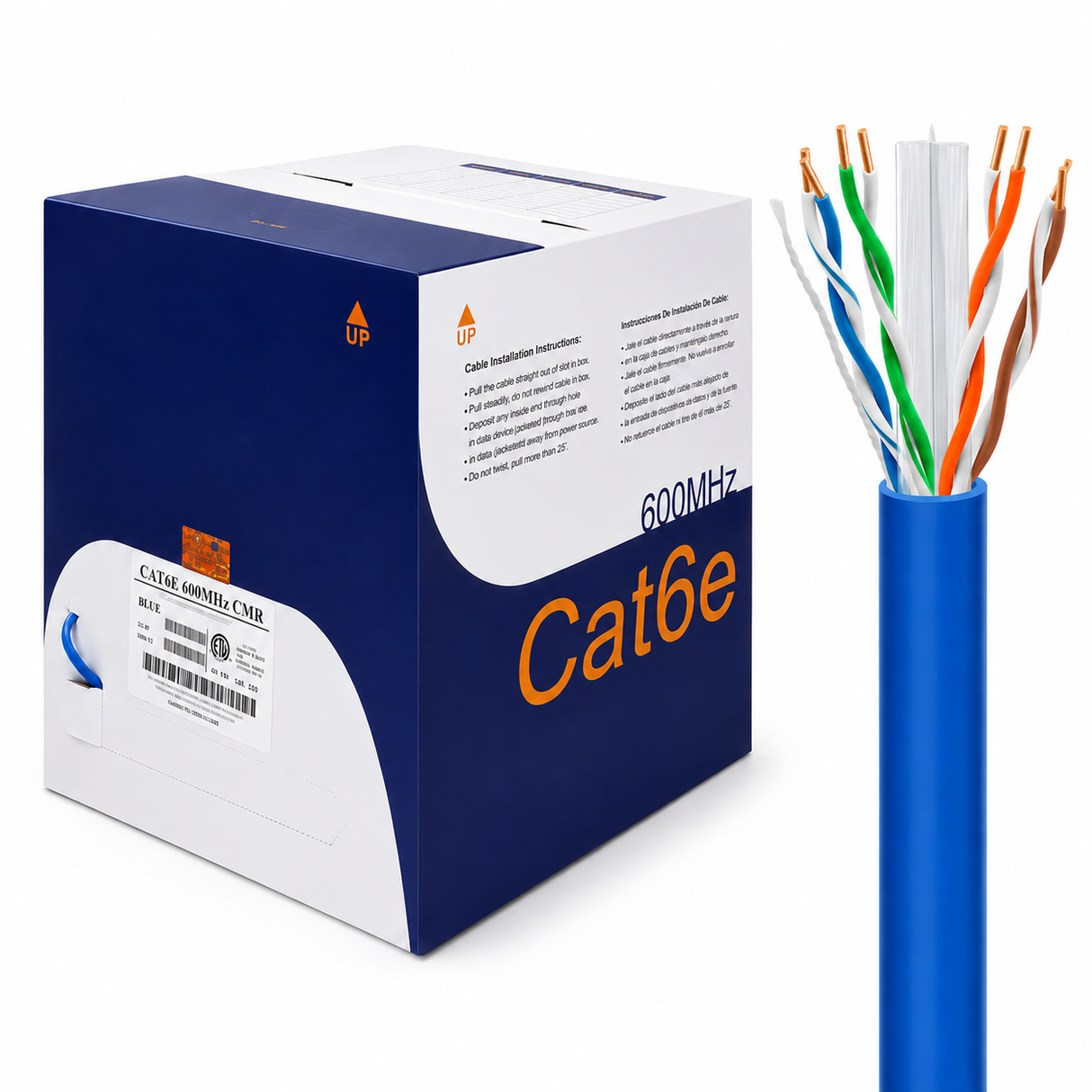 Cat6 Riser Ethernet Cable 1000ft 23AWG Solid Bare Copper 600MHz PoE++ CMR ETL Listed