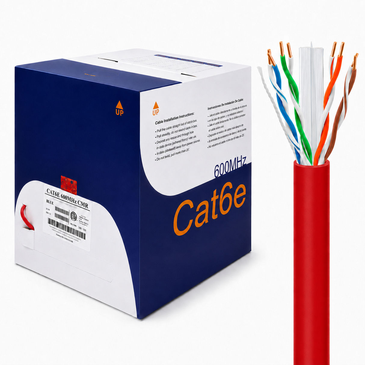 Cat6 Riser Ethernet Cable 1000ft 23AWG Solid Bare Copper 600MHz PoE++ CMR ETL Listed