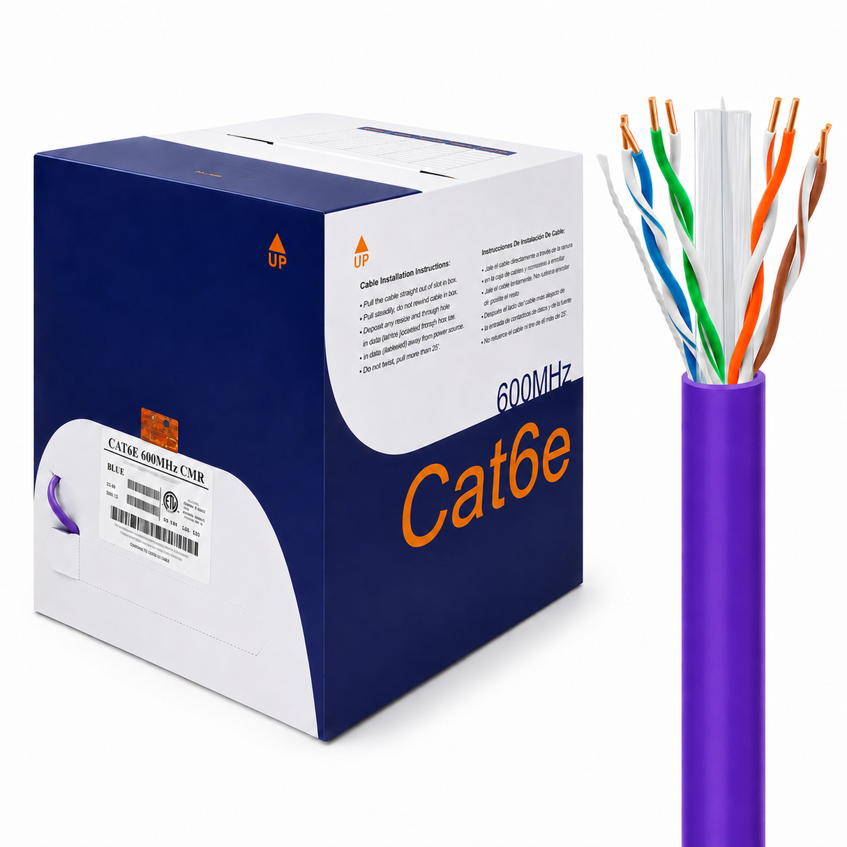 Cat6 Riser Ethernet Cable 1000ft 23AWG Solid Bare Copper 600MHz PoE++ CMR ETL Listed