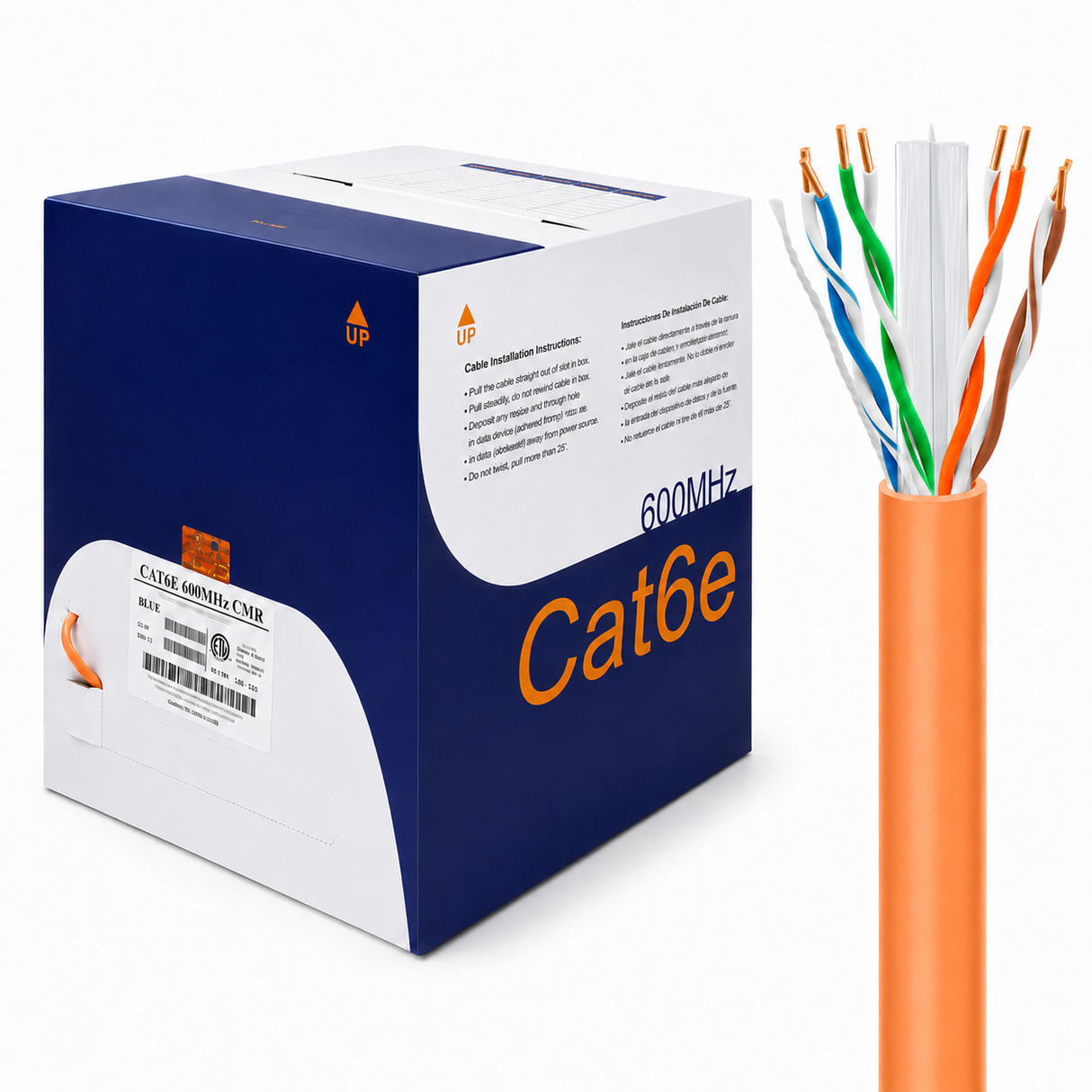 Cat6 Riser Ethernet Cable 1000ft 23AWG Solid Bare Copper 600MHz PoE++ CMR ETL Listed