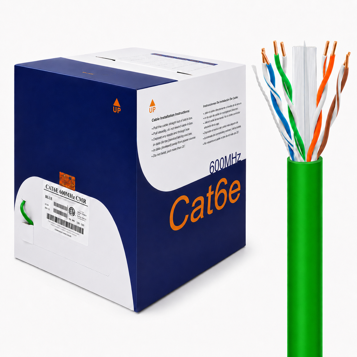 Cat6 Riser Ethernet Cable 1000ft 23AWG Solid Bare Copper 600MHz PoE++ CMR ETL Listed