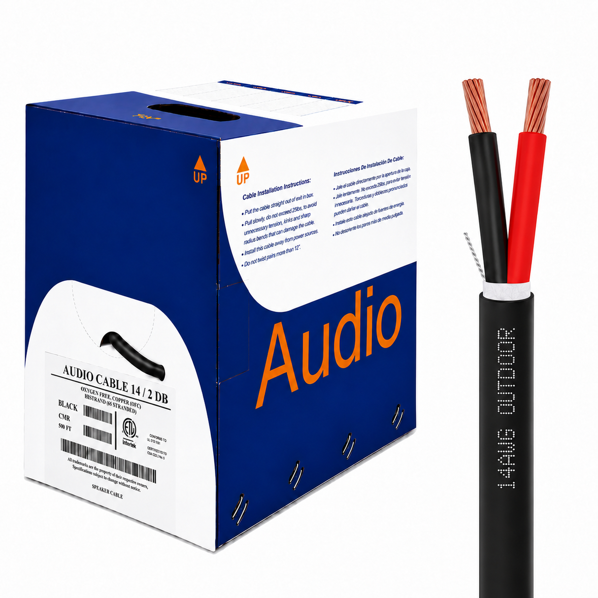 Outdoor Speaker Wire 14AWG 2 Stranded Conductors OFC Direct Burial Black 500ft