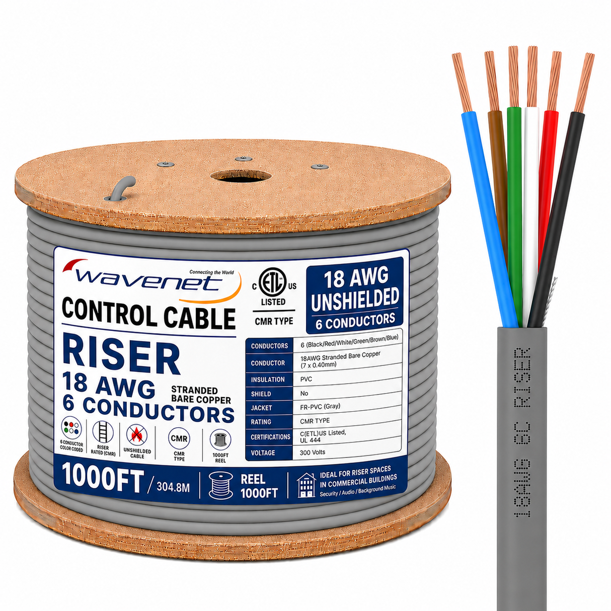 Control Cable Unshielded 18AWG 6 Conductor Riser CMR Stranded Copper 1000ft Grey
