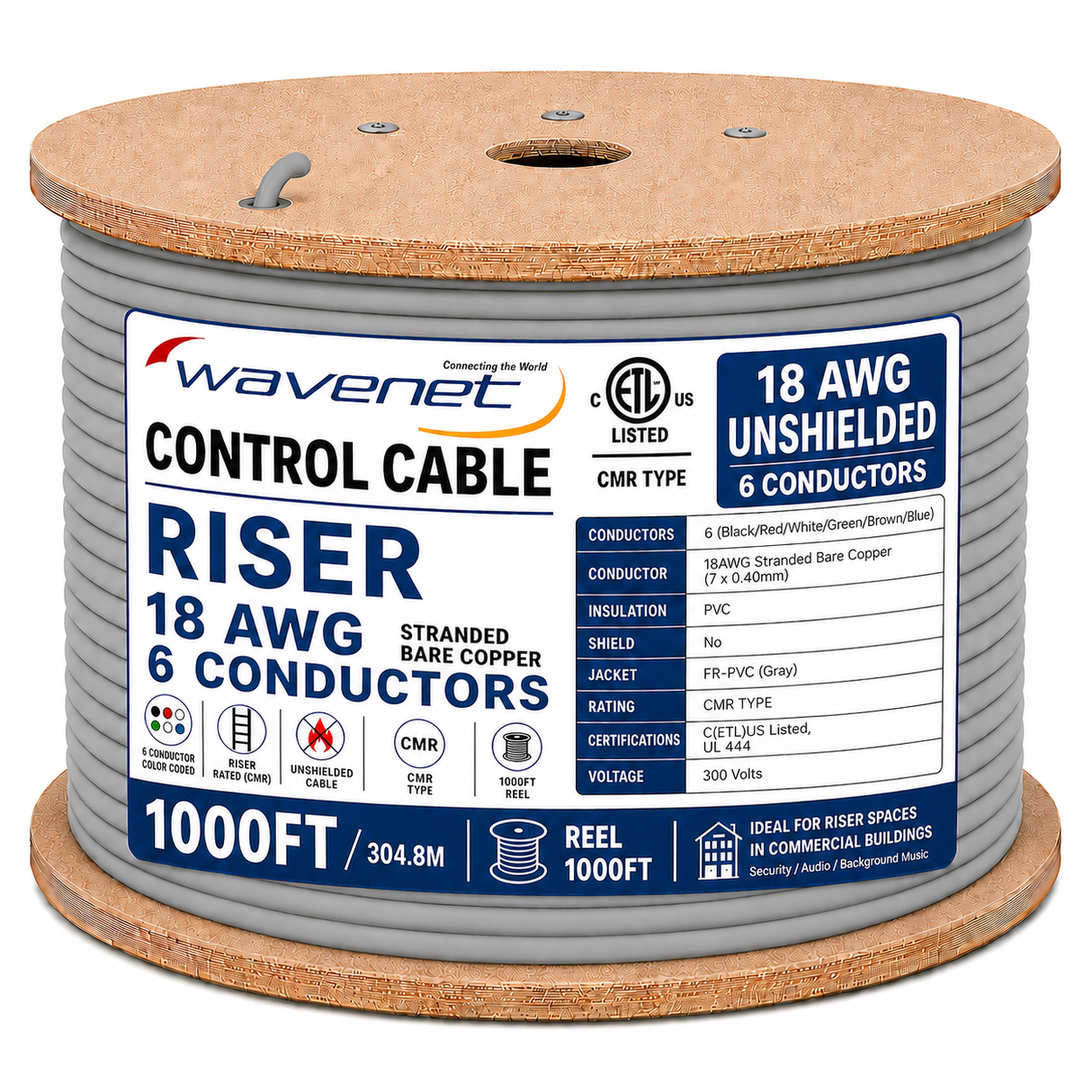 Control Cable Unshielded 18AWG 6 Conductor Riser CMR Stranded Copper 1000ft Grey