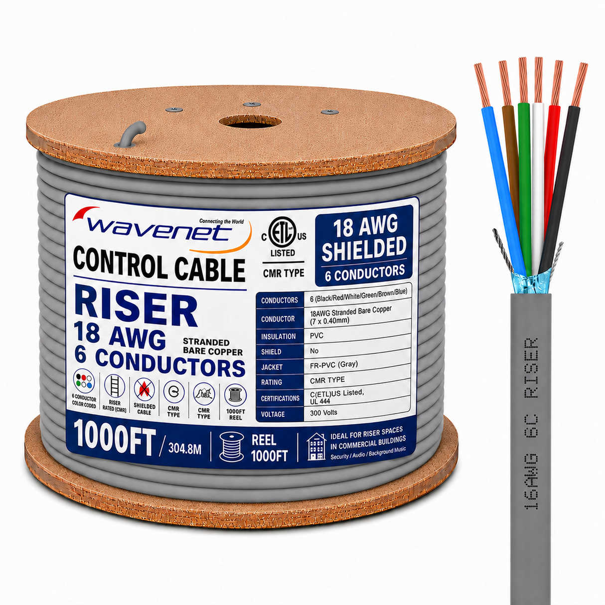 Control Cable Shielded 18AWG 6 Conductor Riser CMR Stranded Copper 1000ft Grey