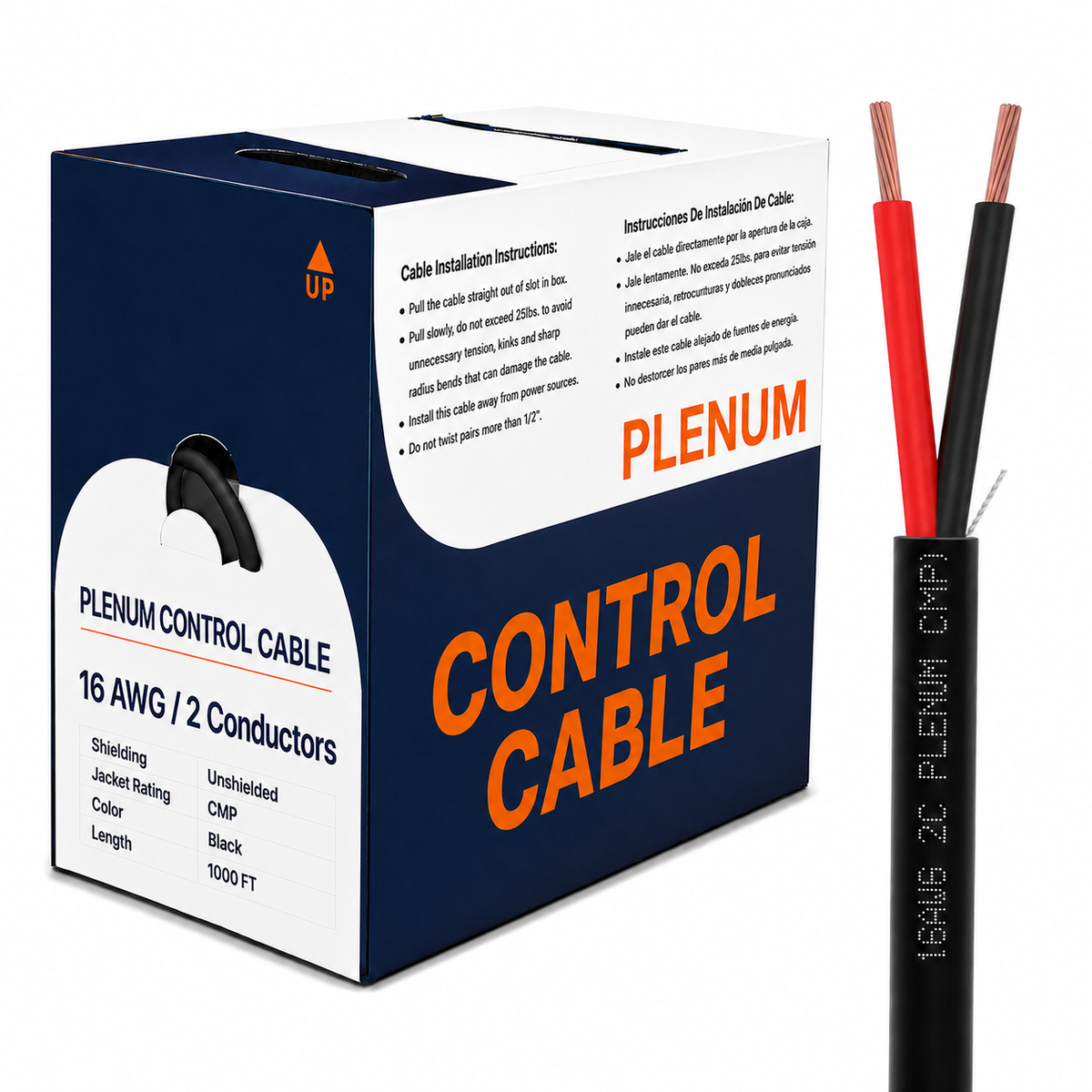 Plenum Control Cable Unshielded 16AWG 2 Conductor CMP Stranded Copper 1000ft Black White