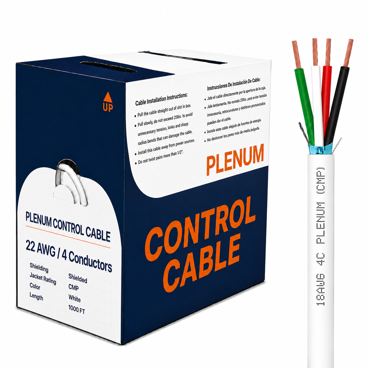 Plenum Control Cable Shielded 22AWG 4 Conductor CMP Stranded Copper 1000ft White