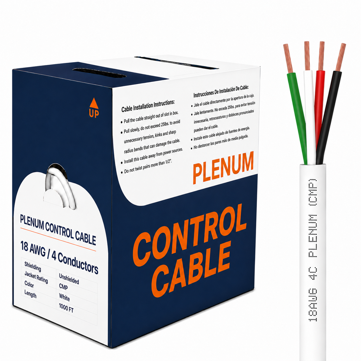 Plenum Control Cable Unshielded 18AWG 4 Conductor CMP Stranded Copper 1000ft White