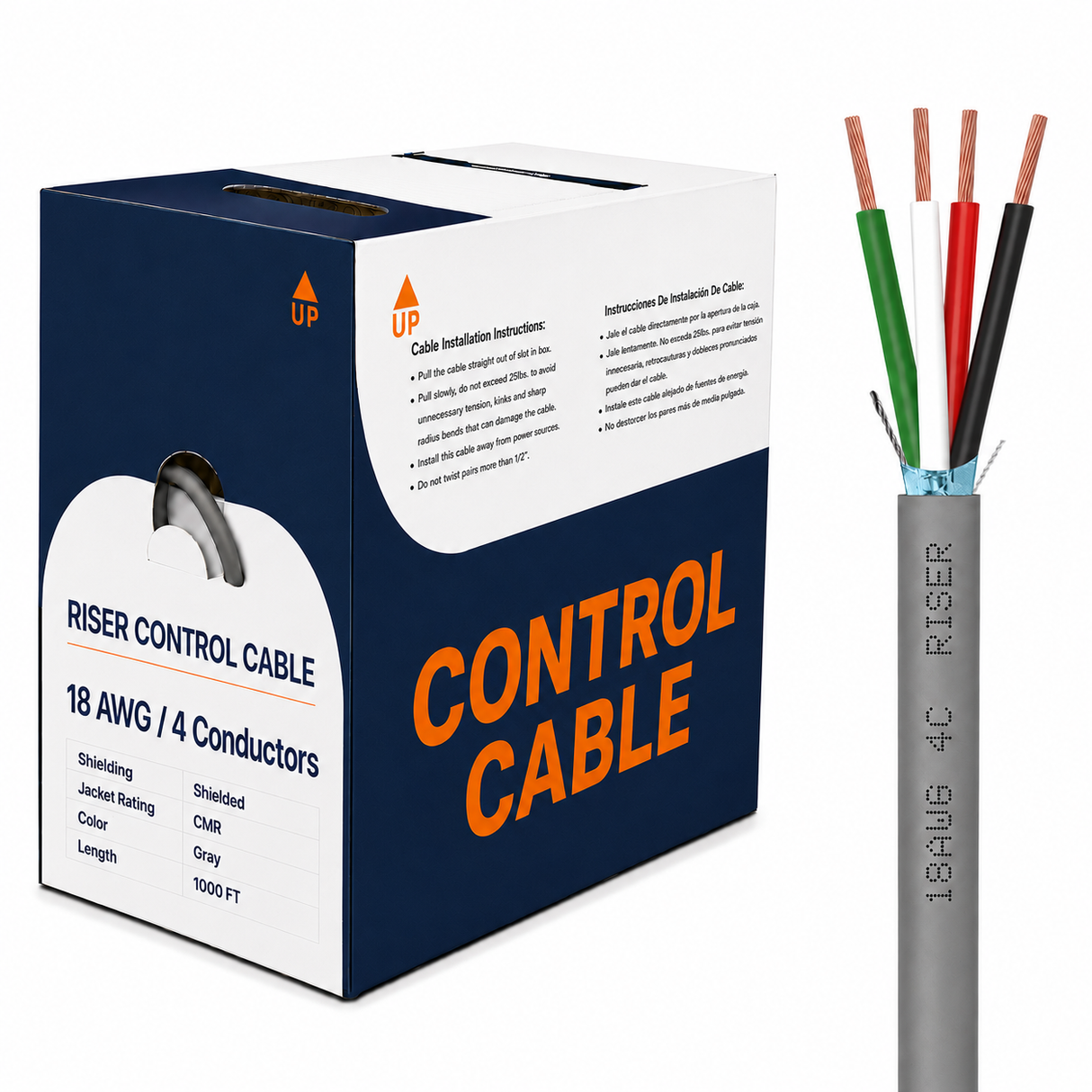 Control Cable Shielded 18AWG 4 Conductor Riser CMR Stranded Copper 1000ft Grey