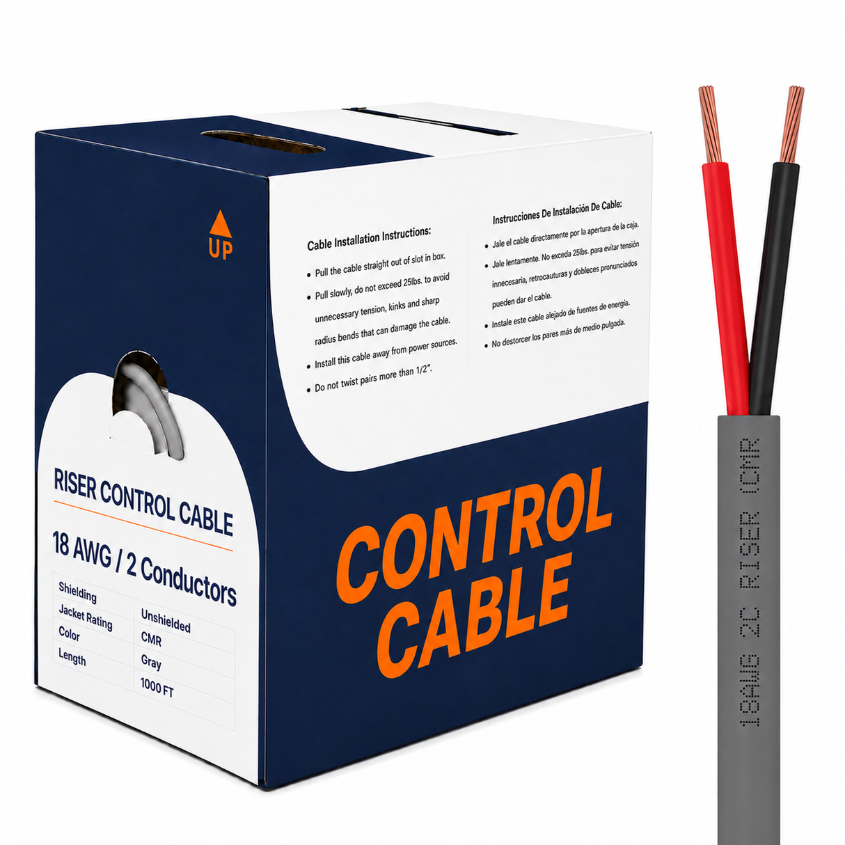 Control Cable Unshielded 18AWG 2 Conductor Riser CMR Stranded Copper 1000ft Gray White