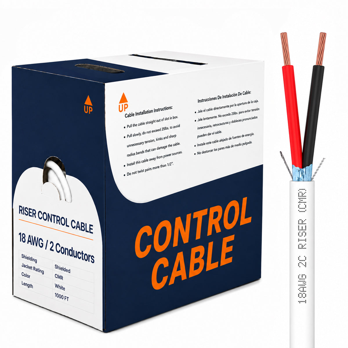 Control Cable Shielded 18AWG 2 Conductor Riser CMR Stranded Copper 1000ft Gray White