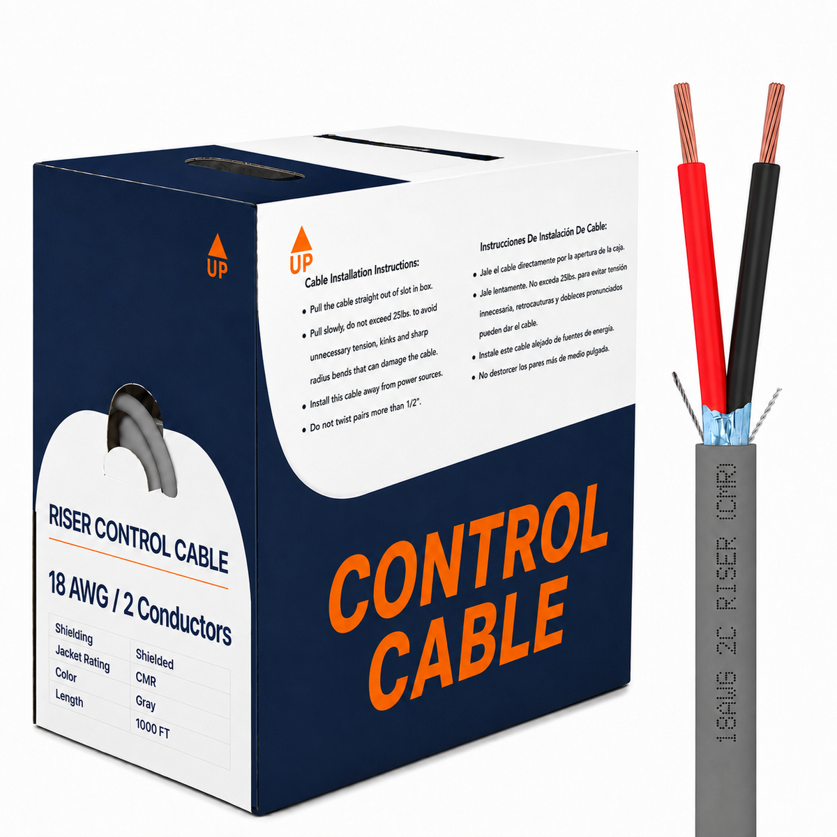 Control Cable Shielded 18AWG 2 Conductor Riser CMR Stranded Copper 1000ft Gray White