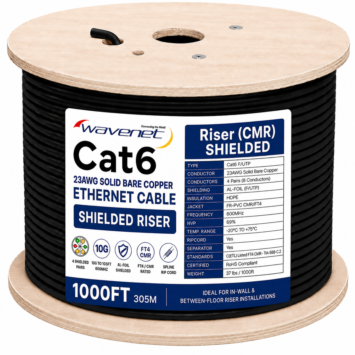 Cat6 Shielded Riser Ethernet Cable 1000ft 23AWG Solid Bare Copper 600MHz CMR ETL Listed