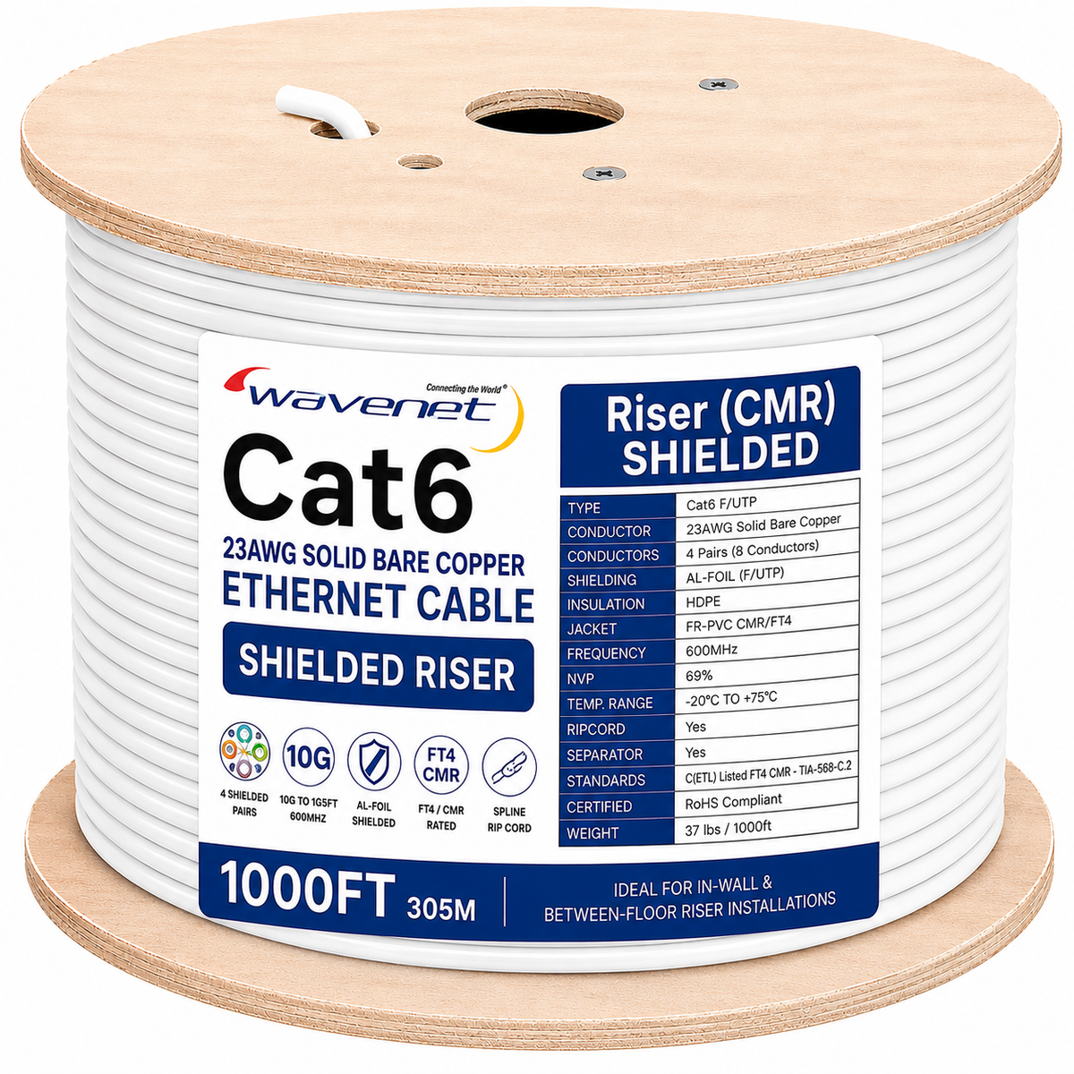 Cat6 Shielded Riser Ethernet Cable 1000ft 23AWG Solid Bare Copper 600MHz CMR ETL Listed