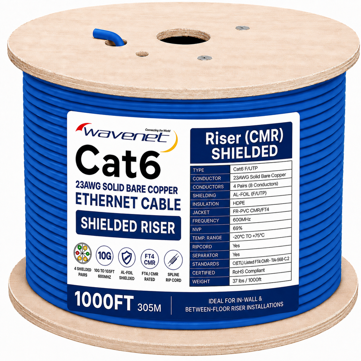 Cat6 Shielded Riser Ethernet Cable 1000ft 23AWG Solid Bare Copper 600MHz CMR ETL Listed