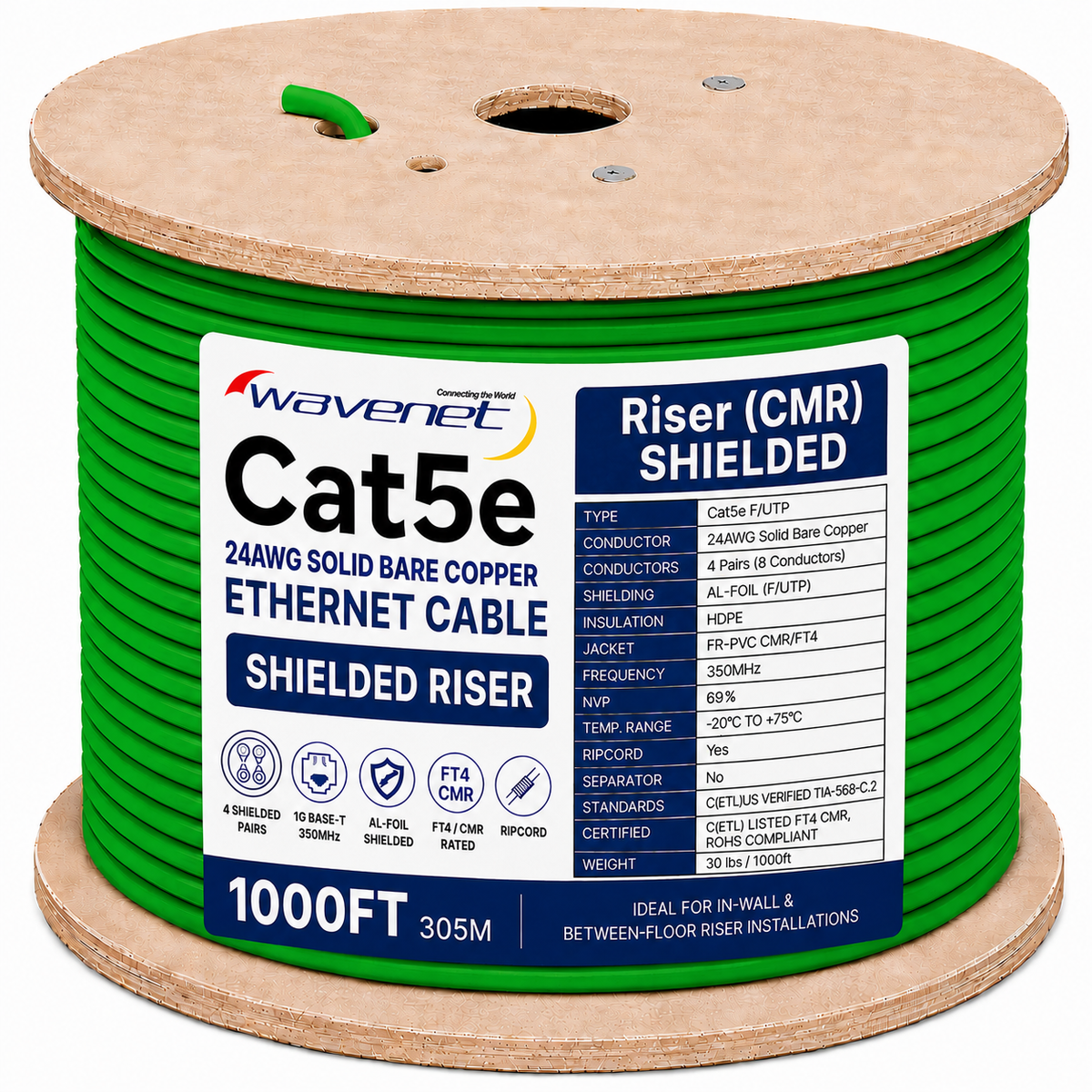 Cat5e Shielded Riser Ethernet Cable 1000ft 24AWG Solid Bare Copper 350MHz CMR ETL Listed