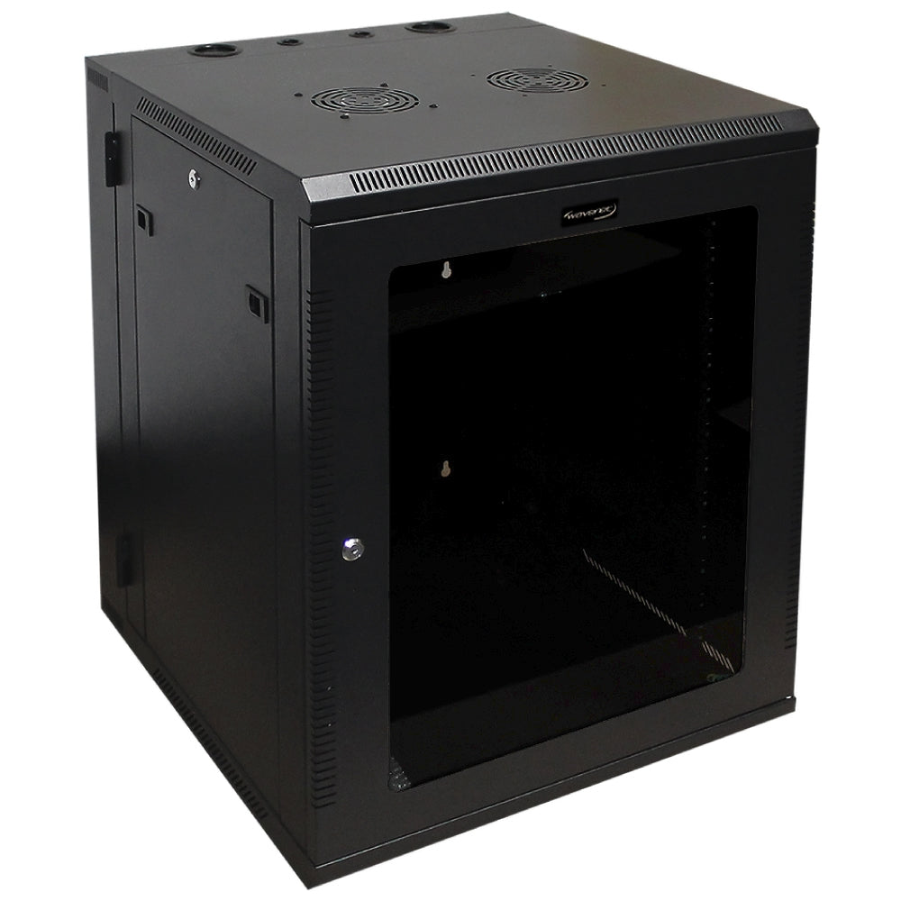 15U Wall Mount Server Cabinet Swing Out 24in Depth Tempered Glass Door Steel Black